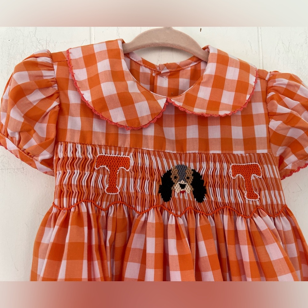 Tennessee VOLS Smocked Orange White Gingham Bow Dress Smokey Dog Sz 12 Months - Picture 2 of 13